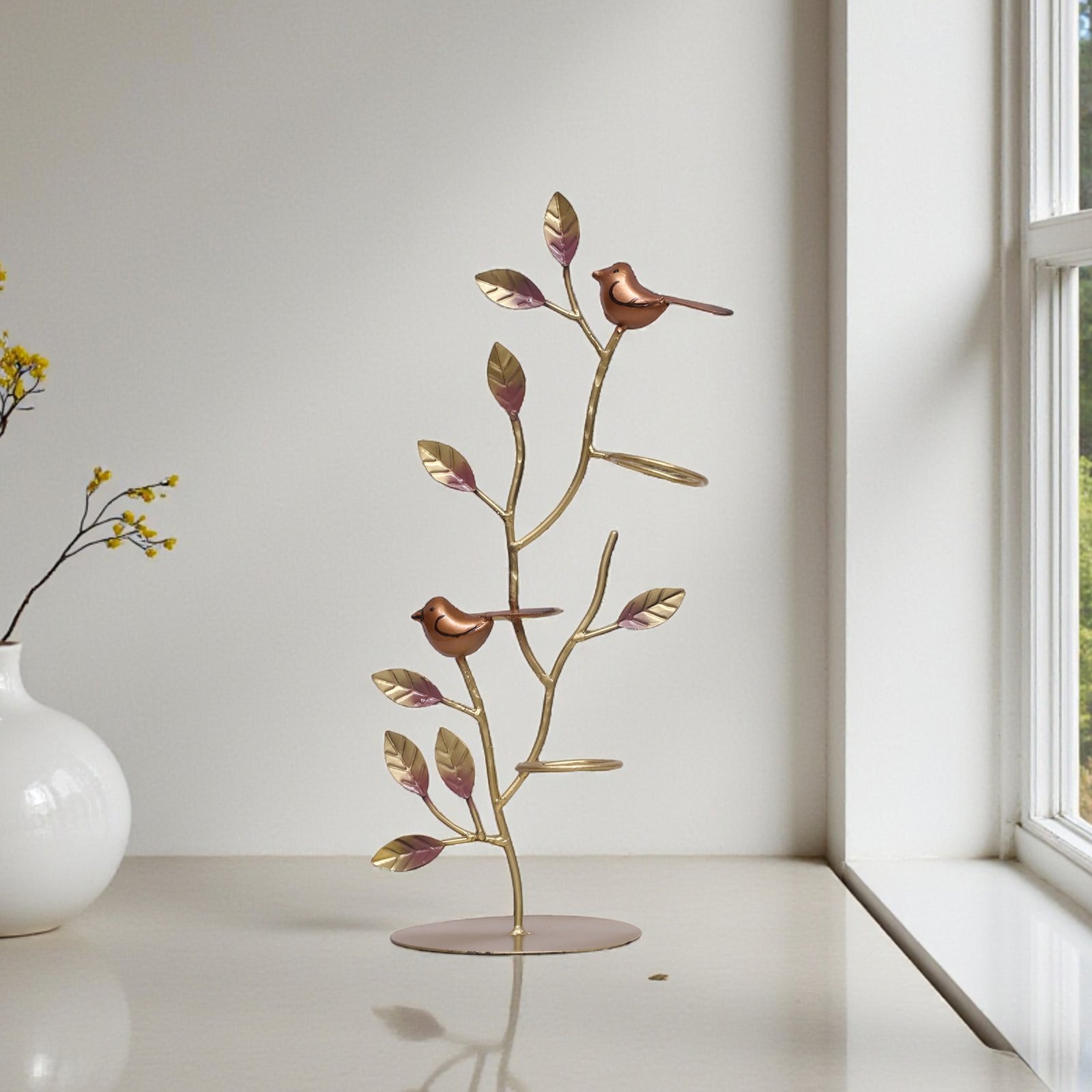 Metal Multicolor Brady Birds on Leaf with Candle Holders Table Decor Showpiece