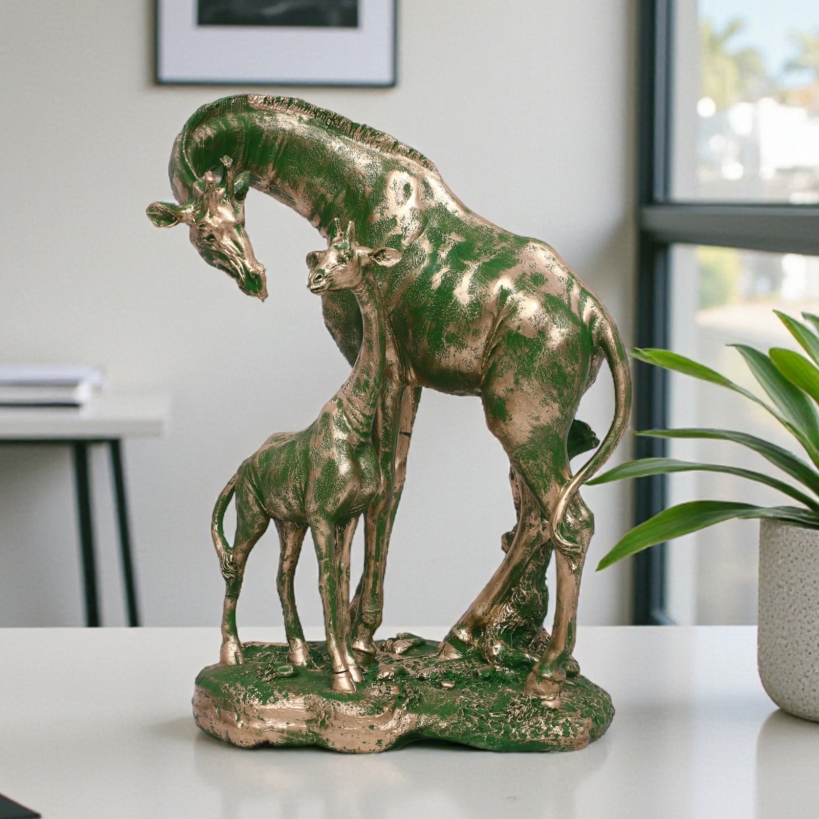 Polyresin Green Giraffe with Baby Table Decor Sculpture