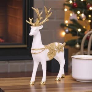 Polyresin Gold & White Deer Standing Marble Leaf Table Decor Sculpture