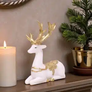 Deer Showpiece Sitting - Gold White Polyresin Marble Leaf Decor