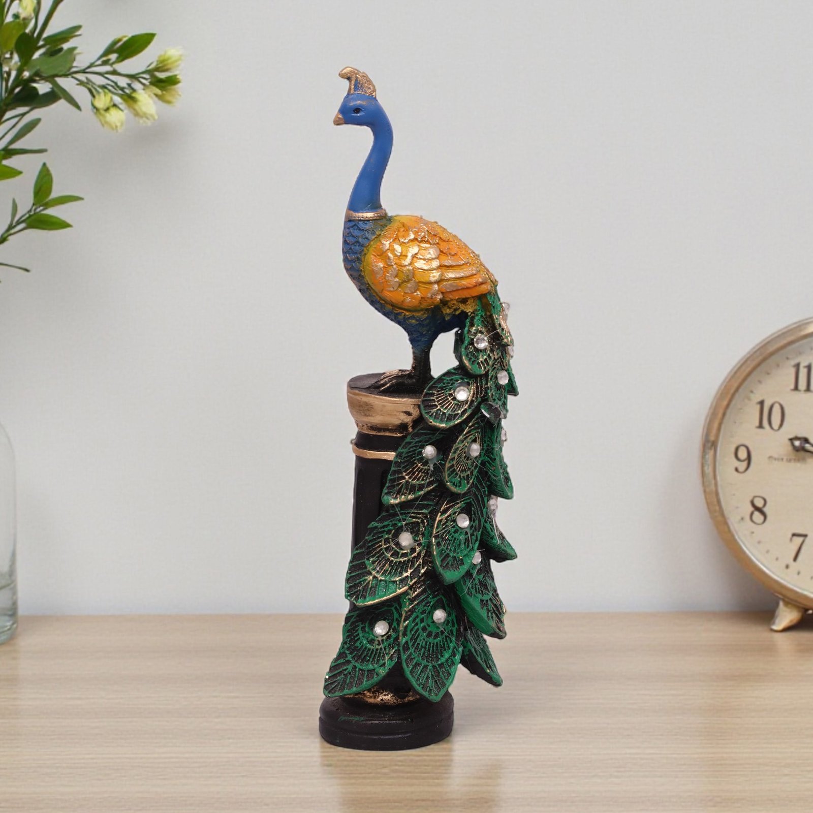 Polyresin Multicolor Peacking Standing Table Decor Sculpture