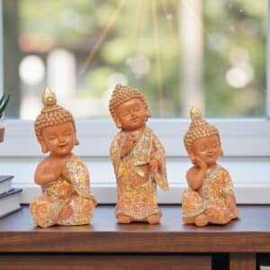 Polyresin Monk Bacha Set Figurine Showpiece Table Decor (Set of 3) (Orange, Gold)