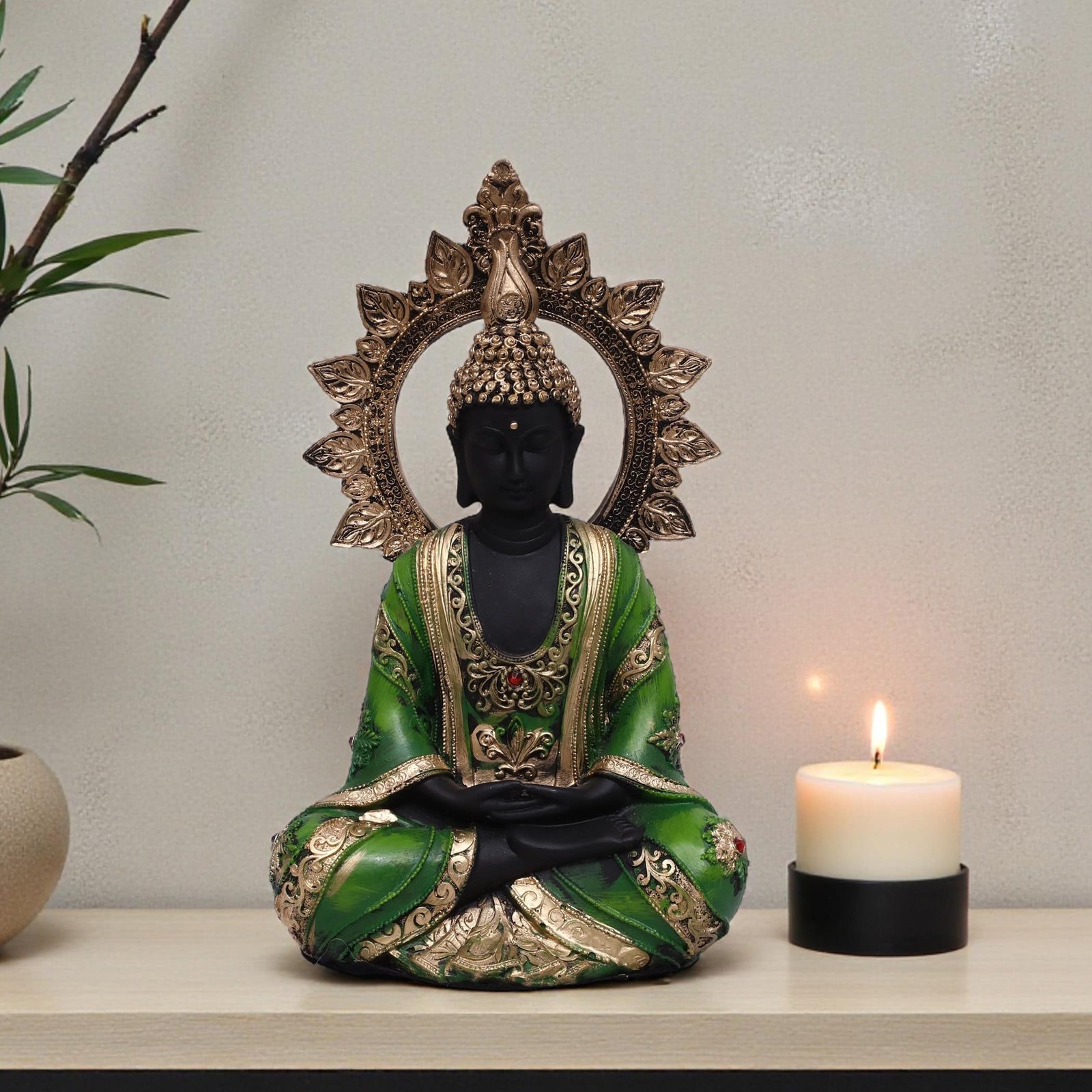 Polyresin Green Chakkra Buddha Large Figurine Showpiece Table Decor