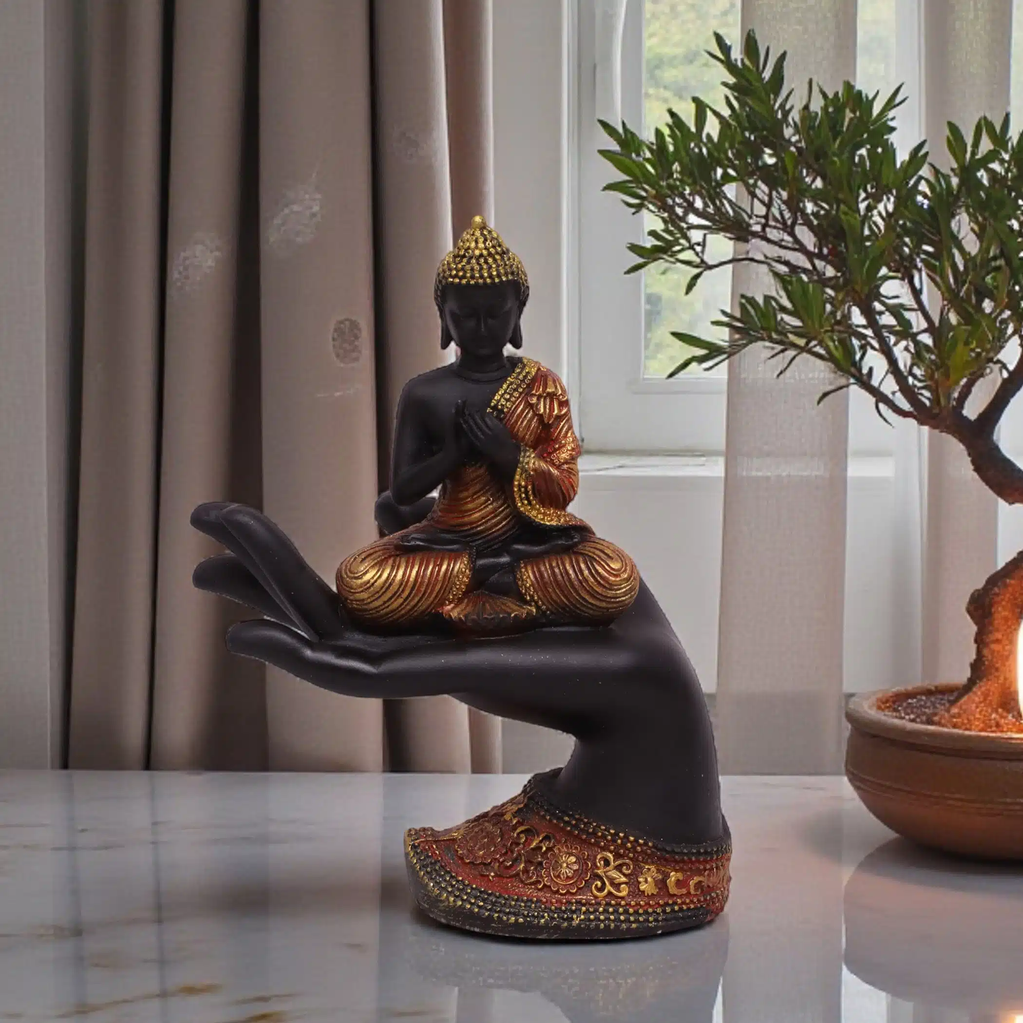 Polyresin Orange Hand Buddha/1 Figurine Showpiece Table Decor