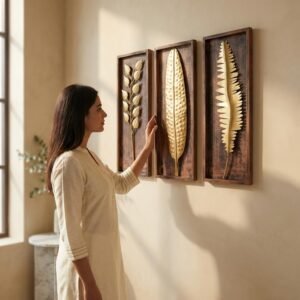 Vedas Exports Gold Metal Wall Decor for Living Room – Iron & MDF Wall Art Hanging – Modern Wall Decoration for Home, Bedroom, Dining Room, Office – Large Wall Decor (Size 8 x 20 inches) (Set of 3)