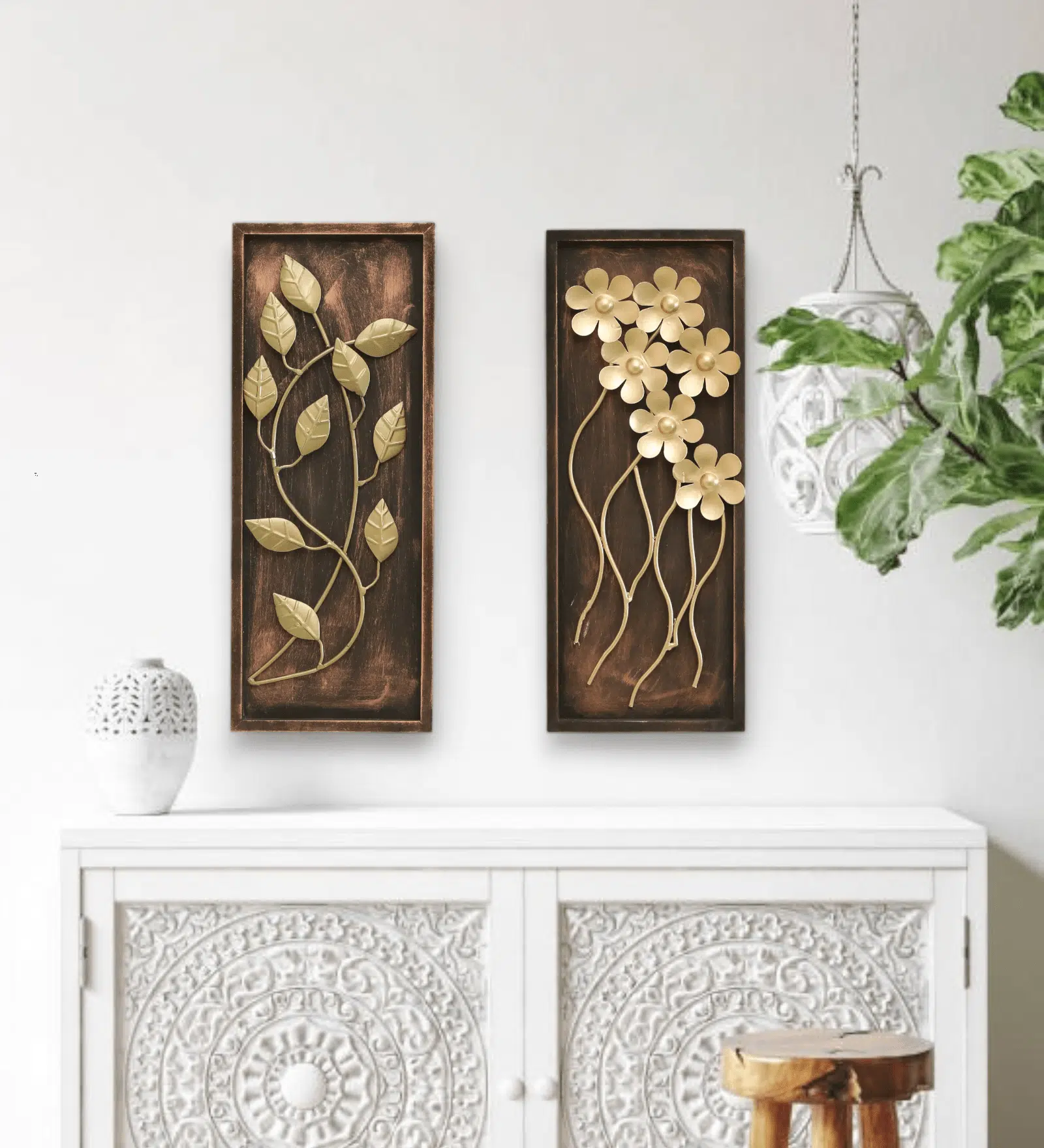 Gold Metal Wall Decor Set of 2 - Iron MDF Panels 8x20 Inch - Image 8