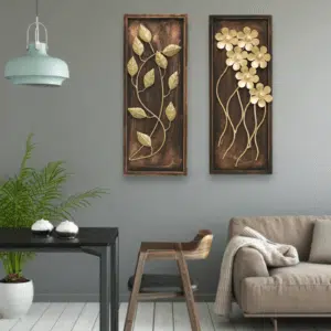 Gold Metal Wall Decor Set of 2 - Iron MDF Panels 8x20 Inch