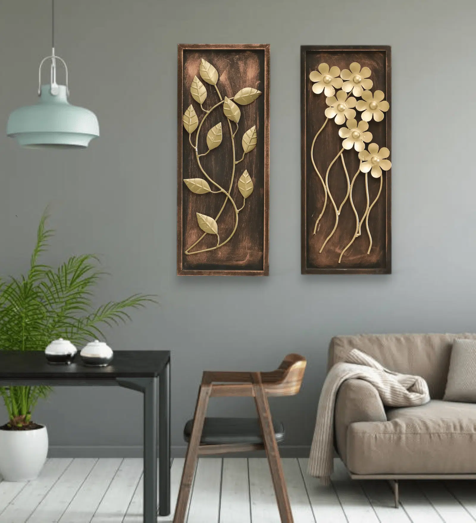 Gold Metal Wall Decor Set of 2 - Iron MDF Panels 8x20 Inch