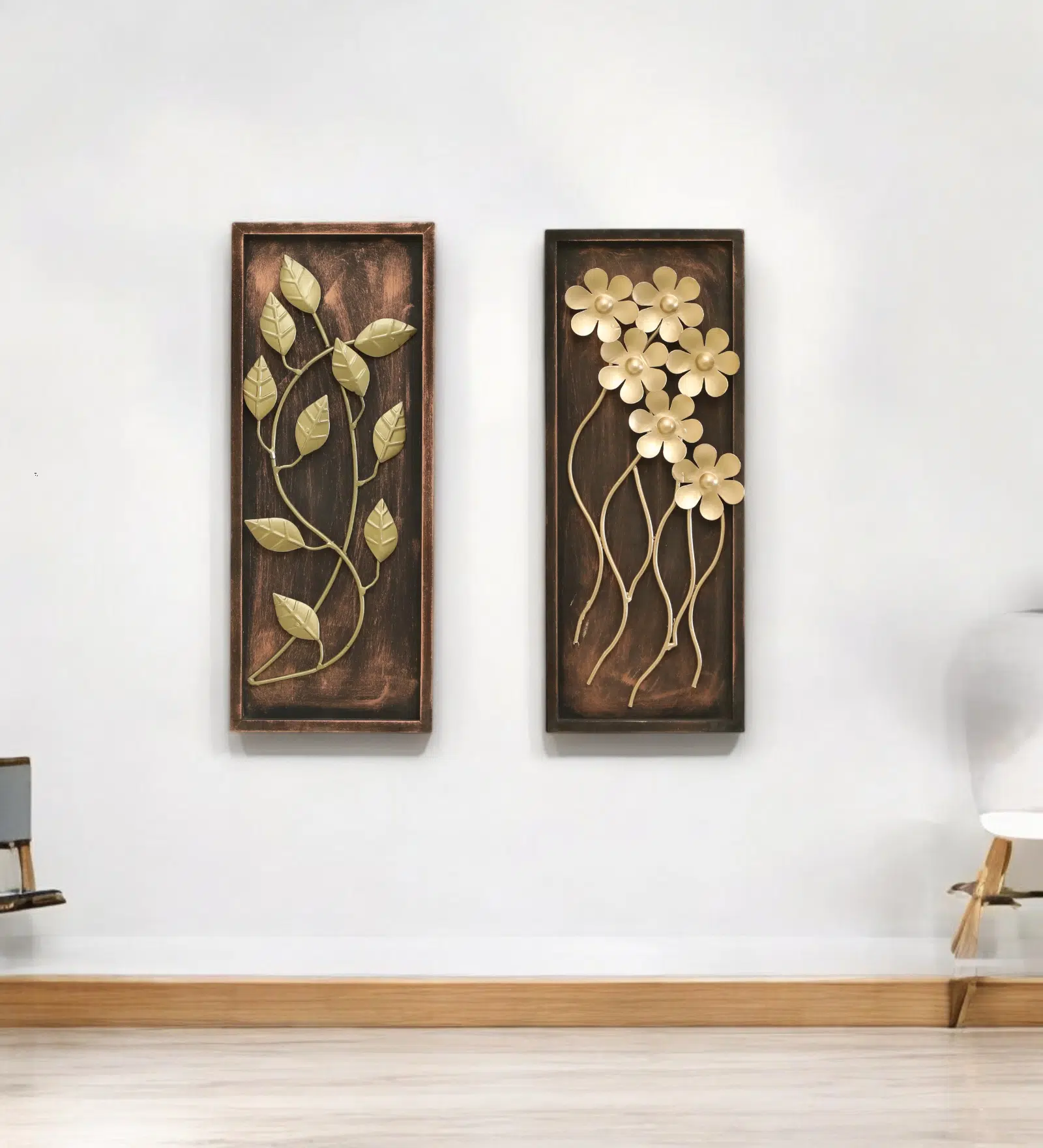 Gold Metal Wall Decor Set of 2 - Iron MDF Panels 8x20 Inch - Image 5