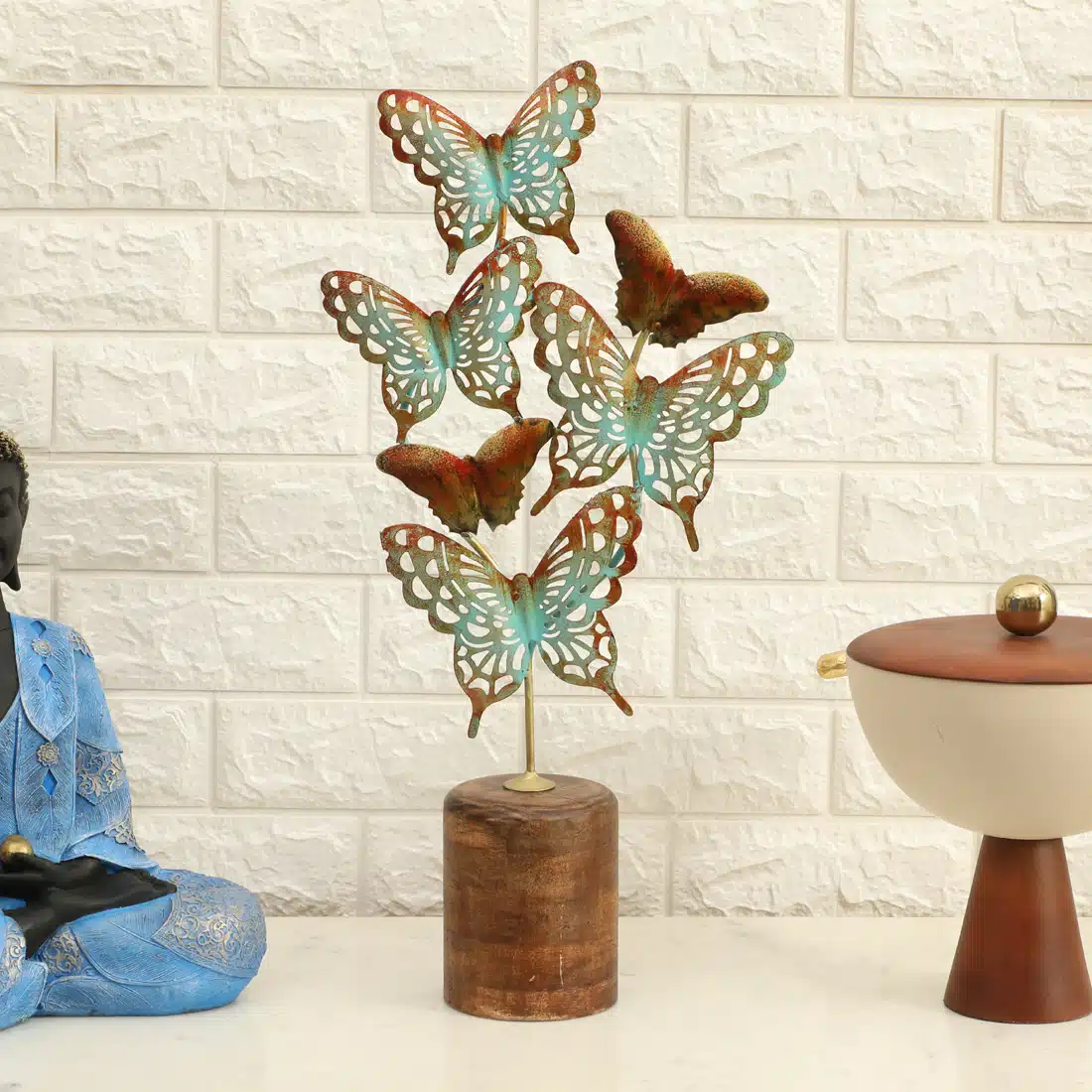 Metal & Wood Multicolor Derek Butterfly Showpiece Table Decor