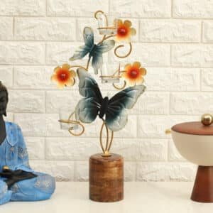 Metal & Wood Multicolor Kyleen Butterfly T Lights Showpiece Table Decor