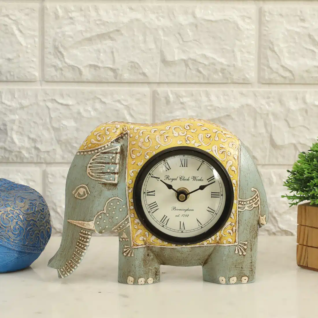 Wooden Table Clock - Helena Grey Elephant Handpainted Clock