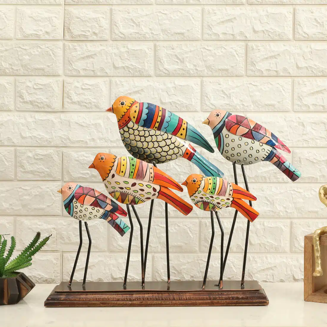Handpainted Bird Showpiece Metal Wood Table Decor