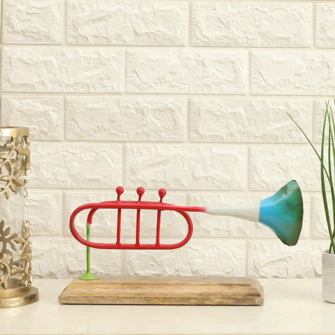 Trumpet Showpiece - Cornet Metal Wood Multicolor Table Decor