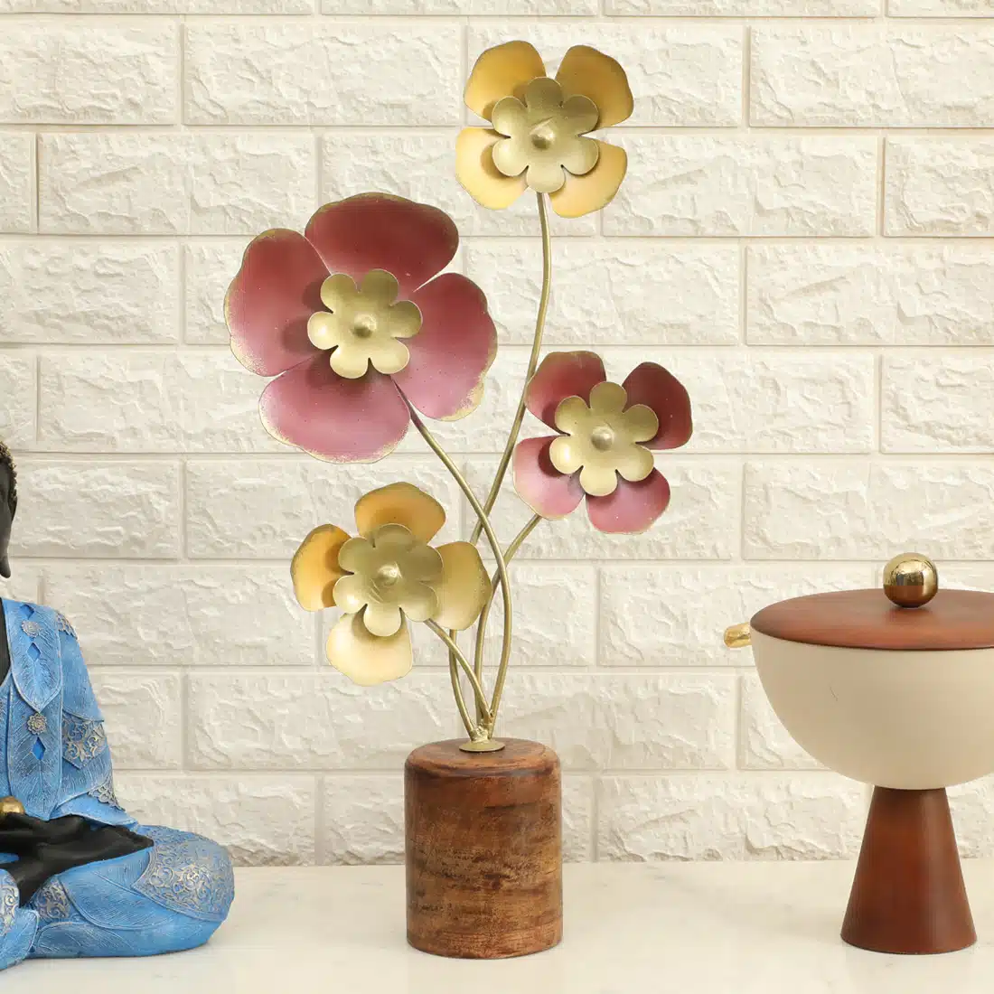 Flower Showpiece - Yansi Metal Wood Multicolor Table Decor