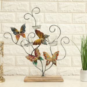 Metal & Wood Multicolor Vritti Butterfly Hand Design Candle Holder Showpiece Table Decor