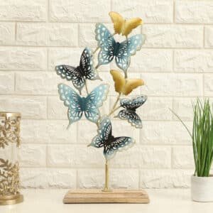Metal & Wood Multicolor Misty Flying Butterfly Showpiece Table Decor