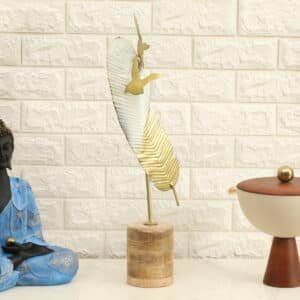 Metal & Wood Multicolor Feather on Bird Showpiece Table Decor