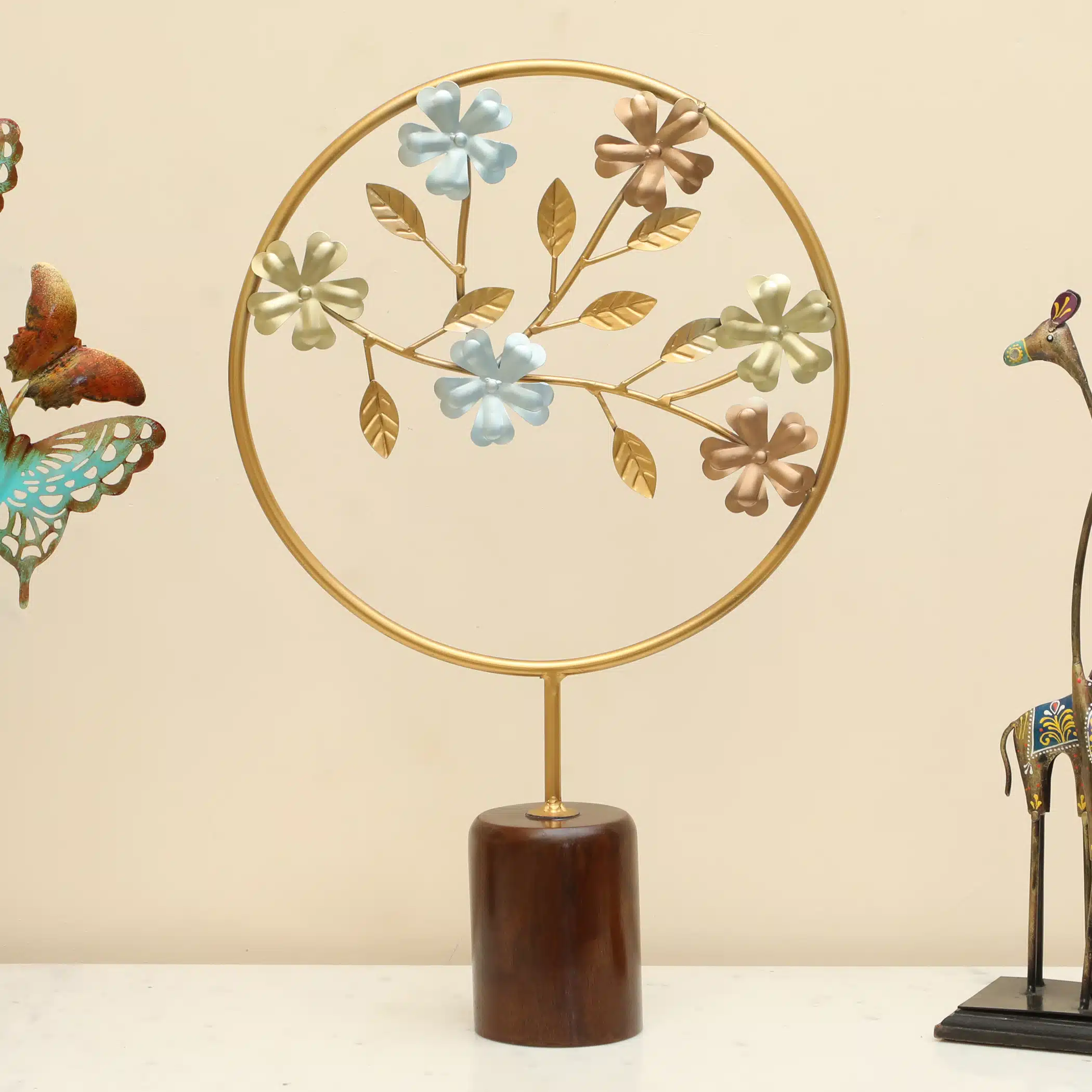 Metal & Wood Multicolor Iria Flower Showpiece Table Decor