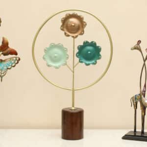 Metal & Wood Multicolor Siman Flower Showpiece Table Decor