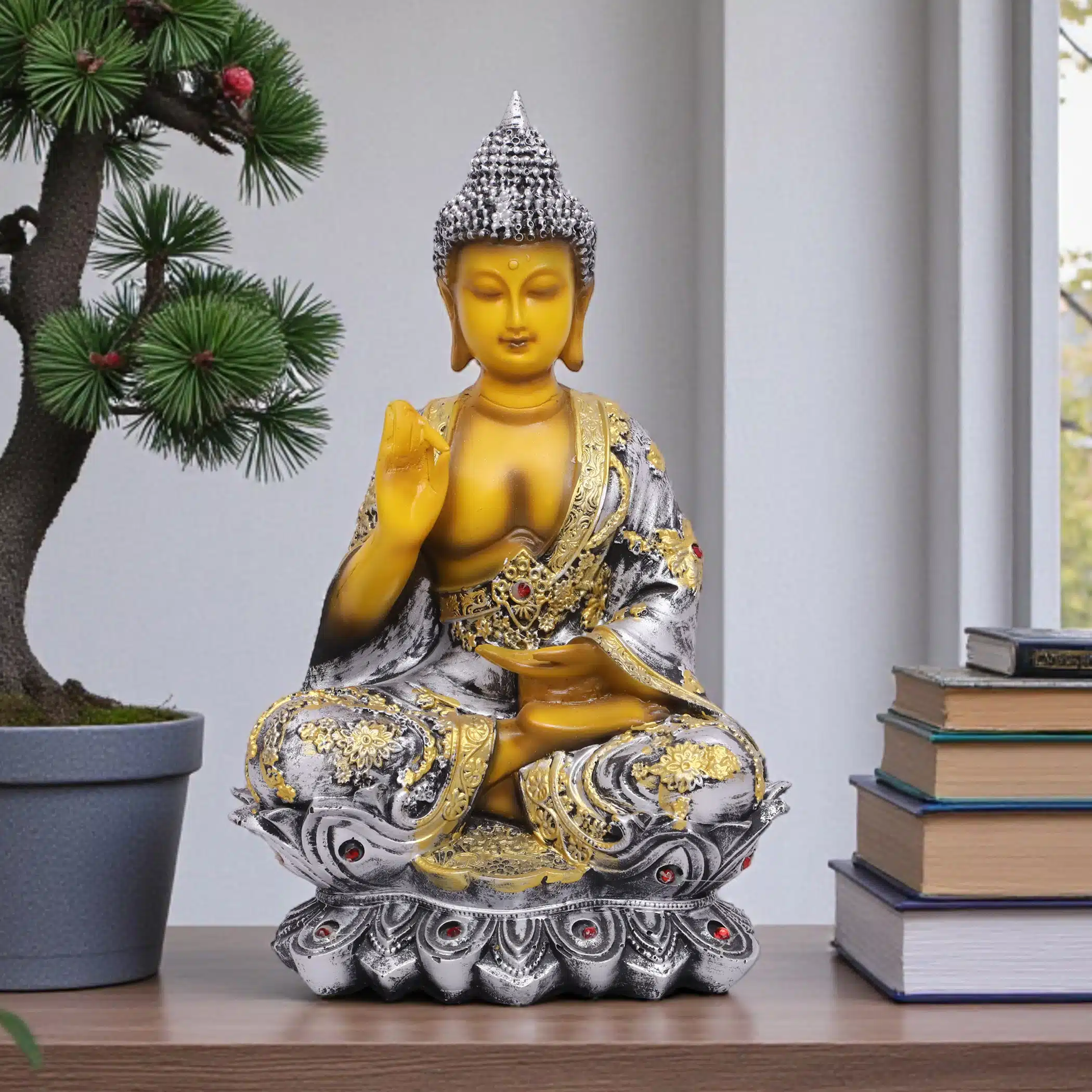 Polyresin Brown & Gold Flower Buddha Small Figurine Showpiece Table Decor