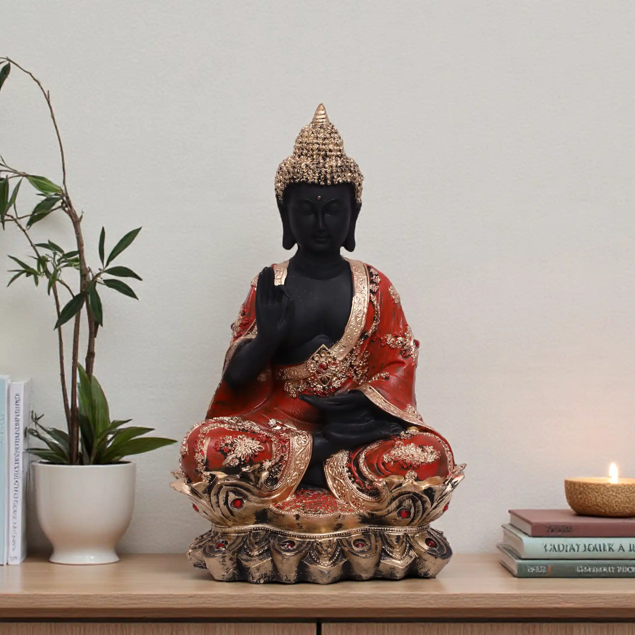Polyresin Red & Black Flower Buddha Small Figurine Showpiece Table Decor