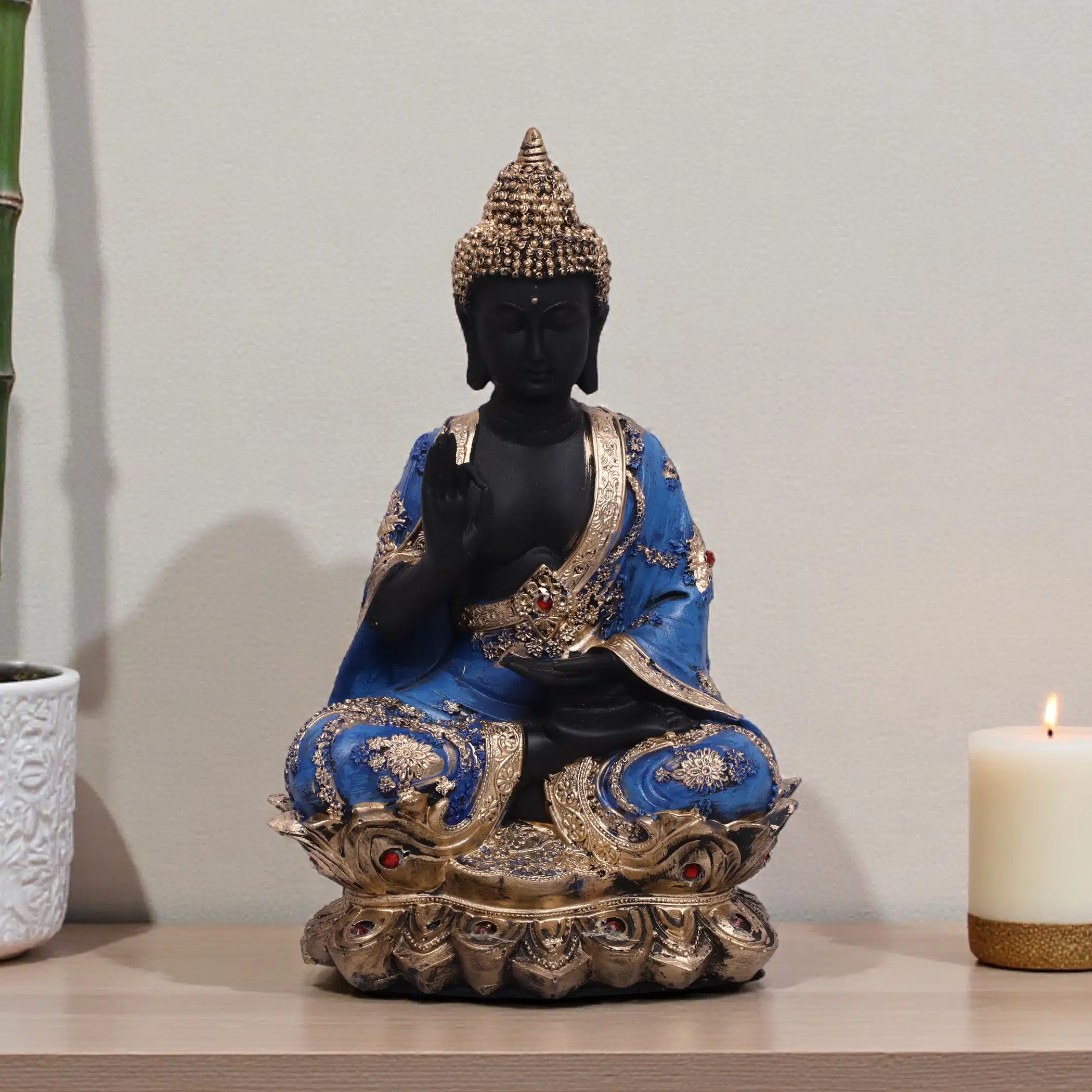 Flower Buddha Figurine – Blue & Black Polyresin Table Showpiece