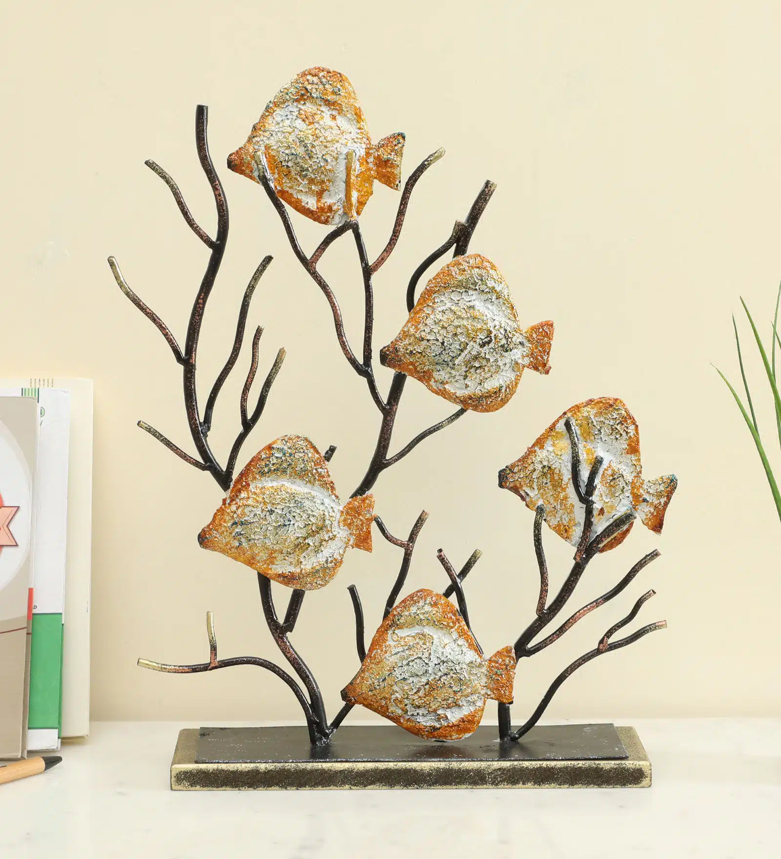Metal & MDF Multicolor Beli Fish Family Showpiece Table Decor