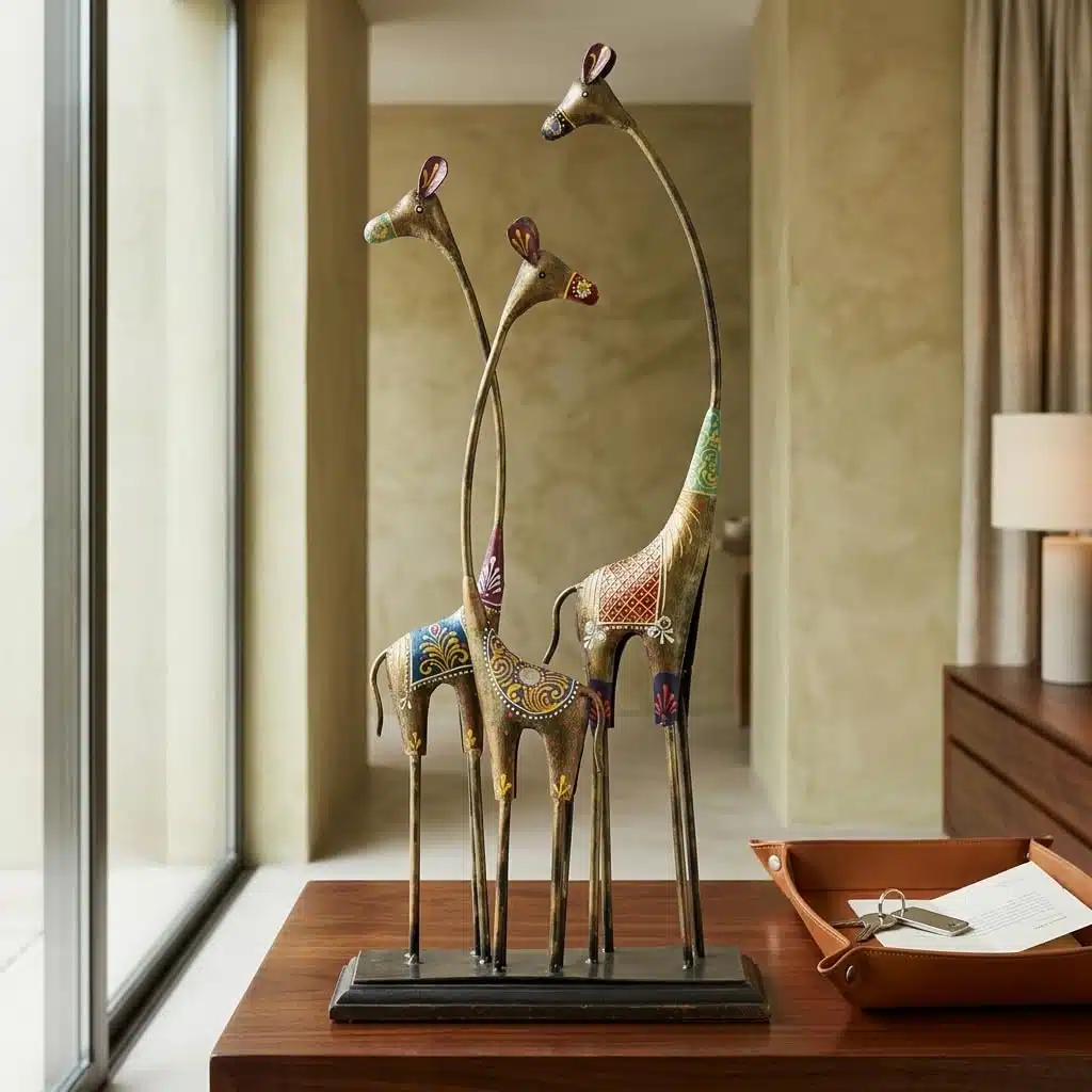 Tall Giraffe Showpiece | Handpainted Metal & Wood Decorative Figurine - Image 5