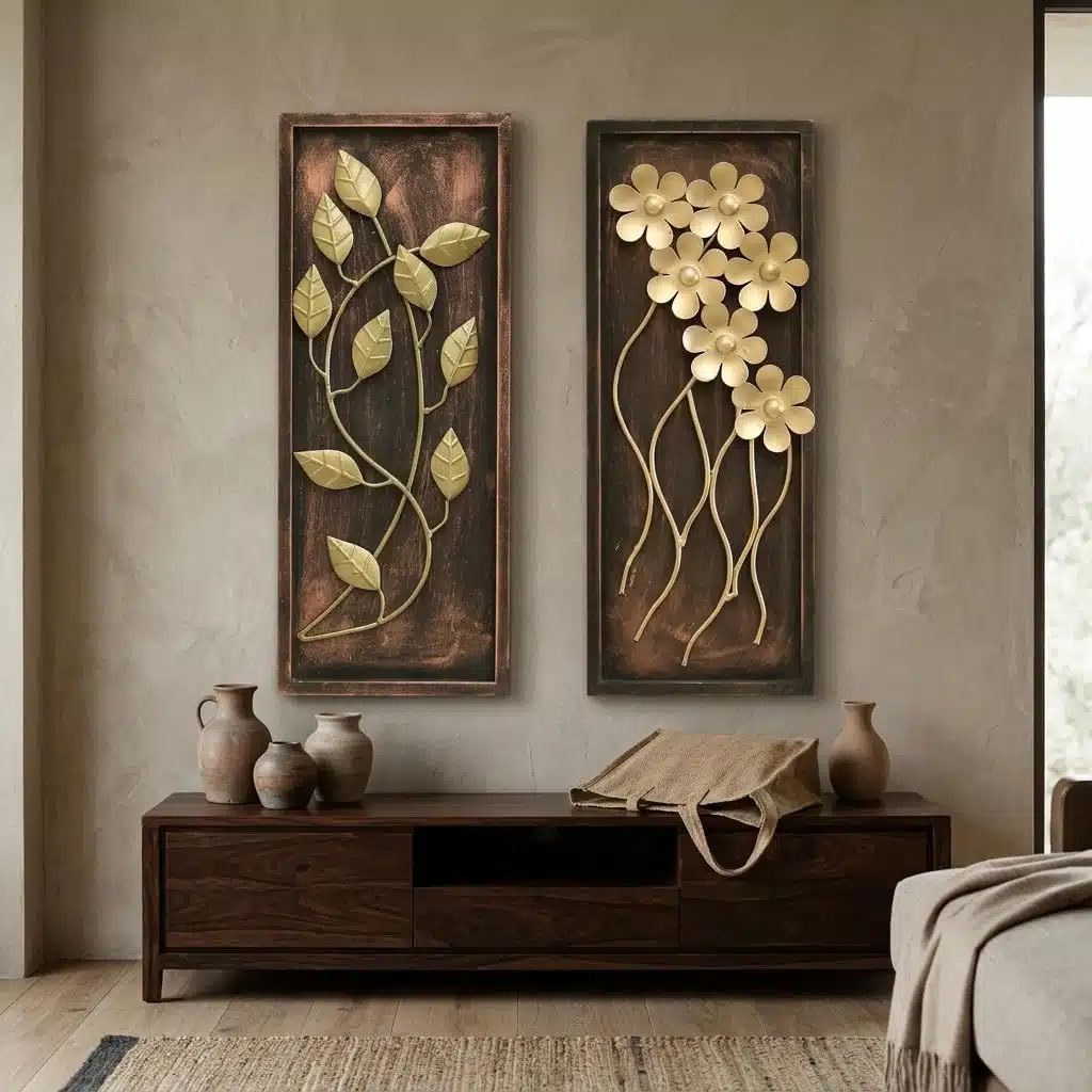 Gold Metal Wall Decor Set of 2 - Iron MDF Panels 8x20 Inch - Image 3