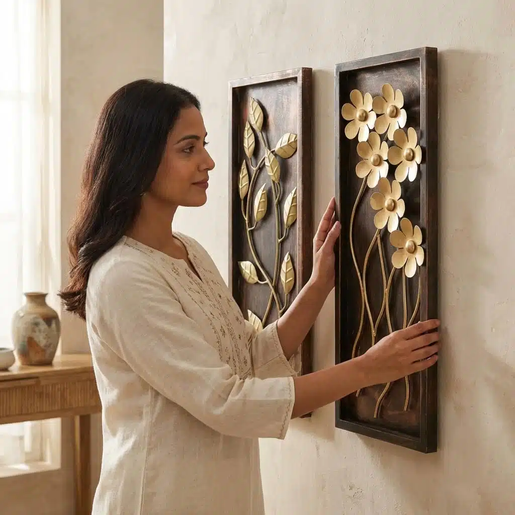 Gold Metal Wall Decor Set of 2 - Iron MDF Panels 8x20 Inch - Image 2