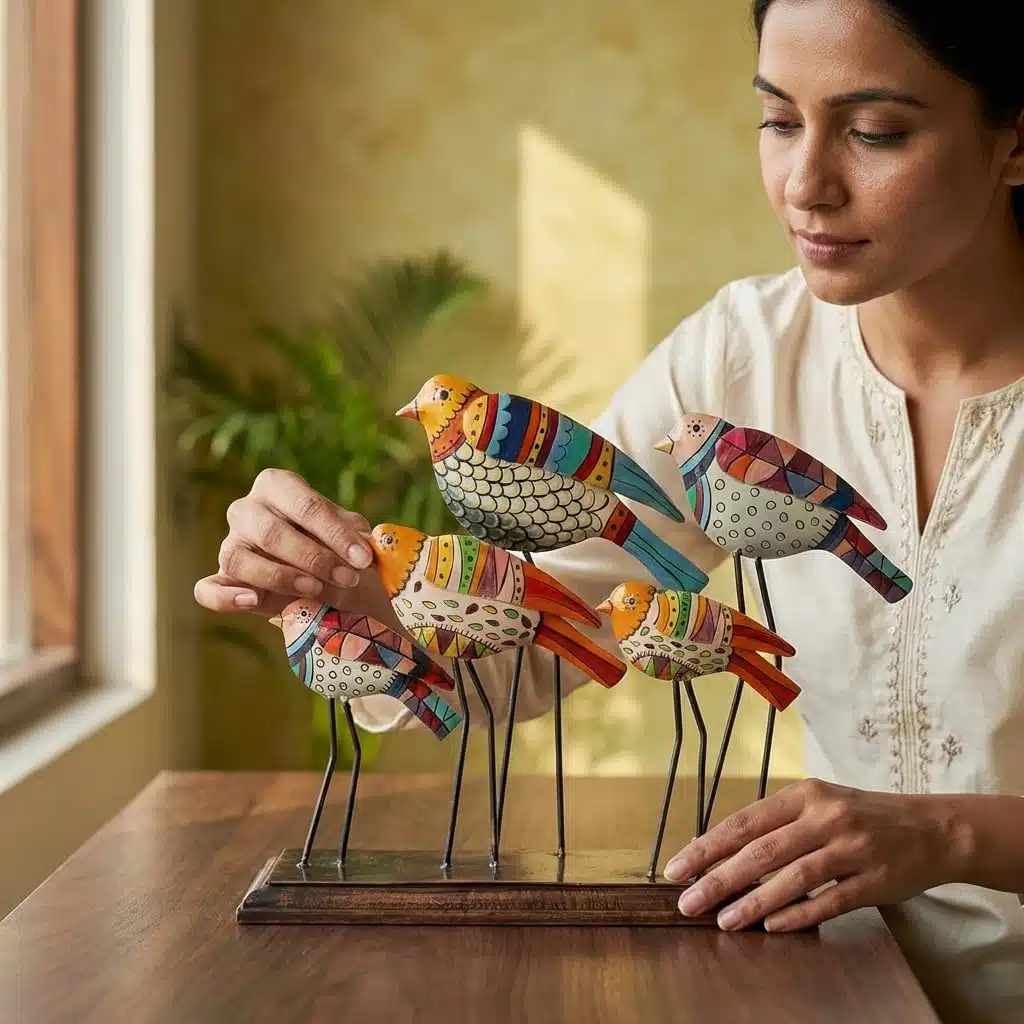 Handpainted Bird Showpiece | Metal & Wood Decorative Bird Figurine - Image 2