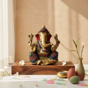 Vedas Brass Ganesha Statue with Stonework Idol & Figurine Showpiece