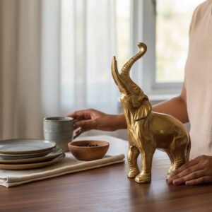 Vedas Alu Gold Upper Trunk Elephant Small Figurine Showpiece Table Decor