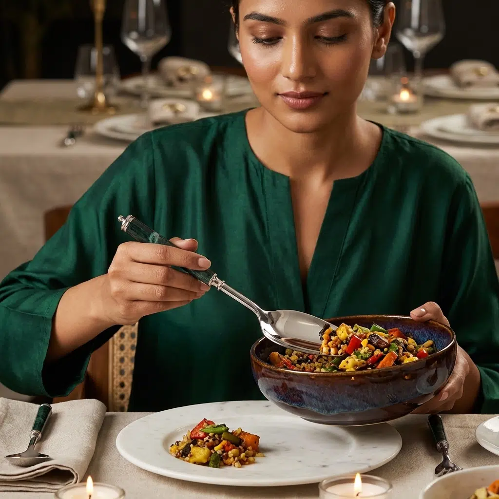 Vedas Stainless Steel Green Jade Serving Set of 6 - Image 3
