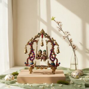 Vedas Brass Radha Krishna Jhula with Stonework Idol & Figurine Showpiece
