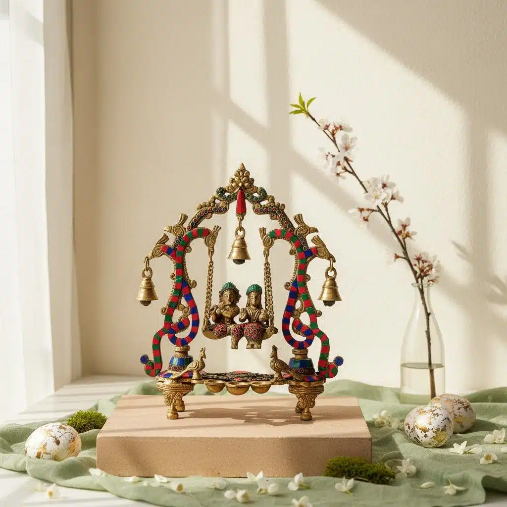 Vedas Brass Radha Krishna Jhula with Stonework Idol & Figurine Showpiece