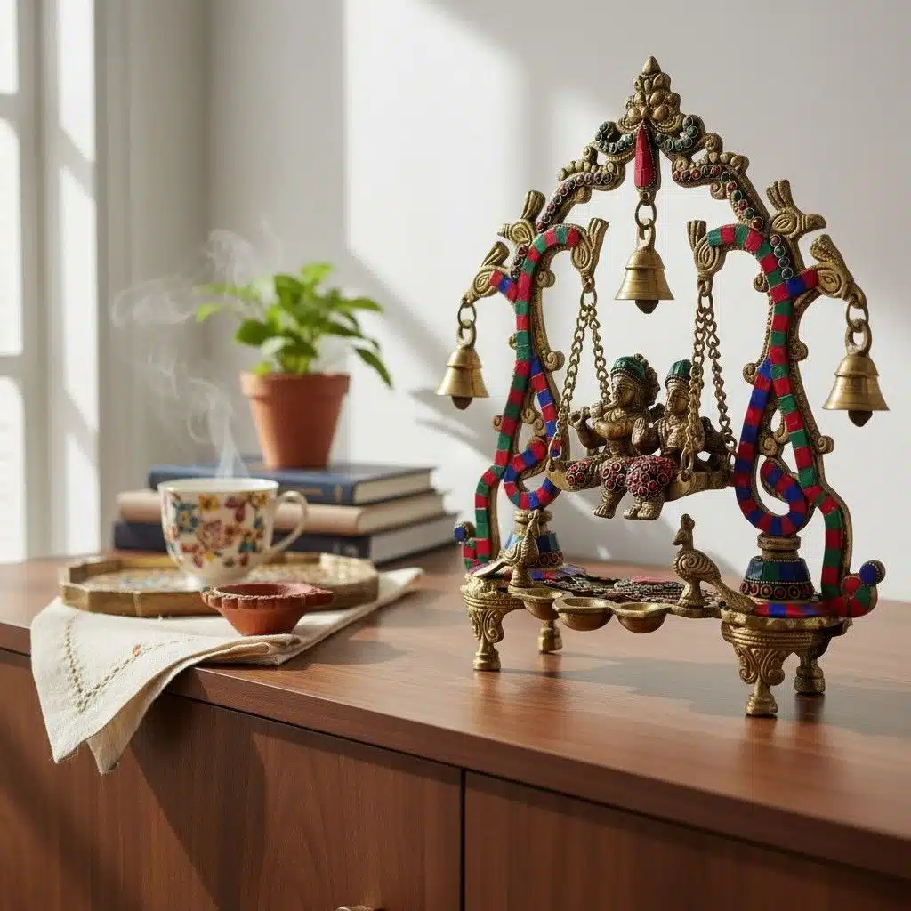 Vedas Brass Radha Krishna Jhula with Stonework Idol & Figurine Showpiece - Image 2