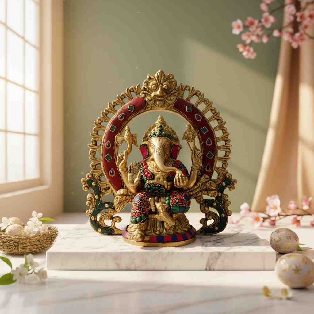 Vedas Brass Ganesha Frame Stonework Statue Idol & Figurine Showpiece