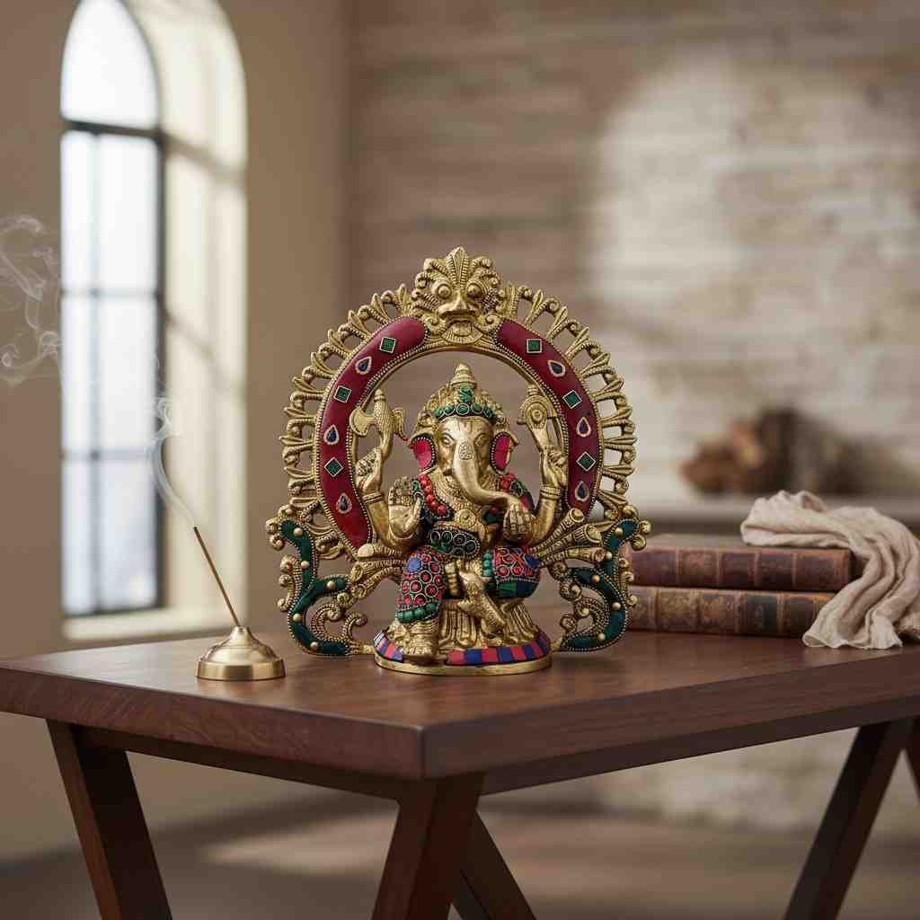 Vedas Brass Ganesha Frame Stonework Statue Idol & Figurine Showpiece - Image 2