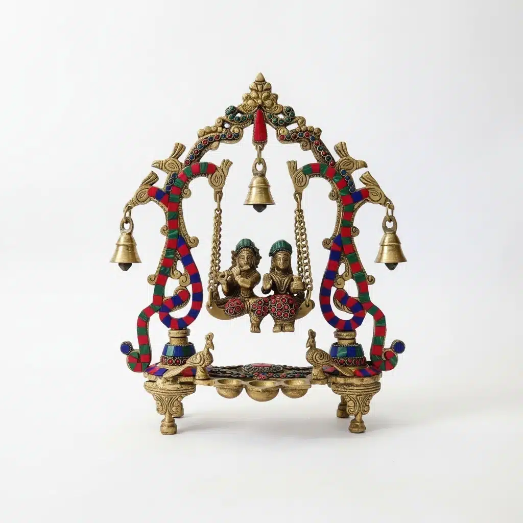 Vedas Brass Radha Krishna Jhula with Stonework Idol & Figurine Showpiece - Image 4