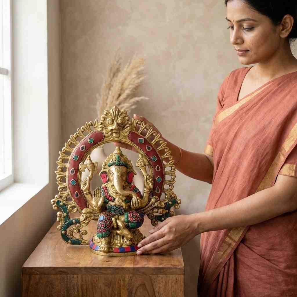 Vedas Brass Ganesha Frame Stonework Statue Idol & Figurine Showpiece - Image 3