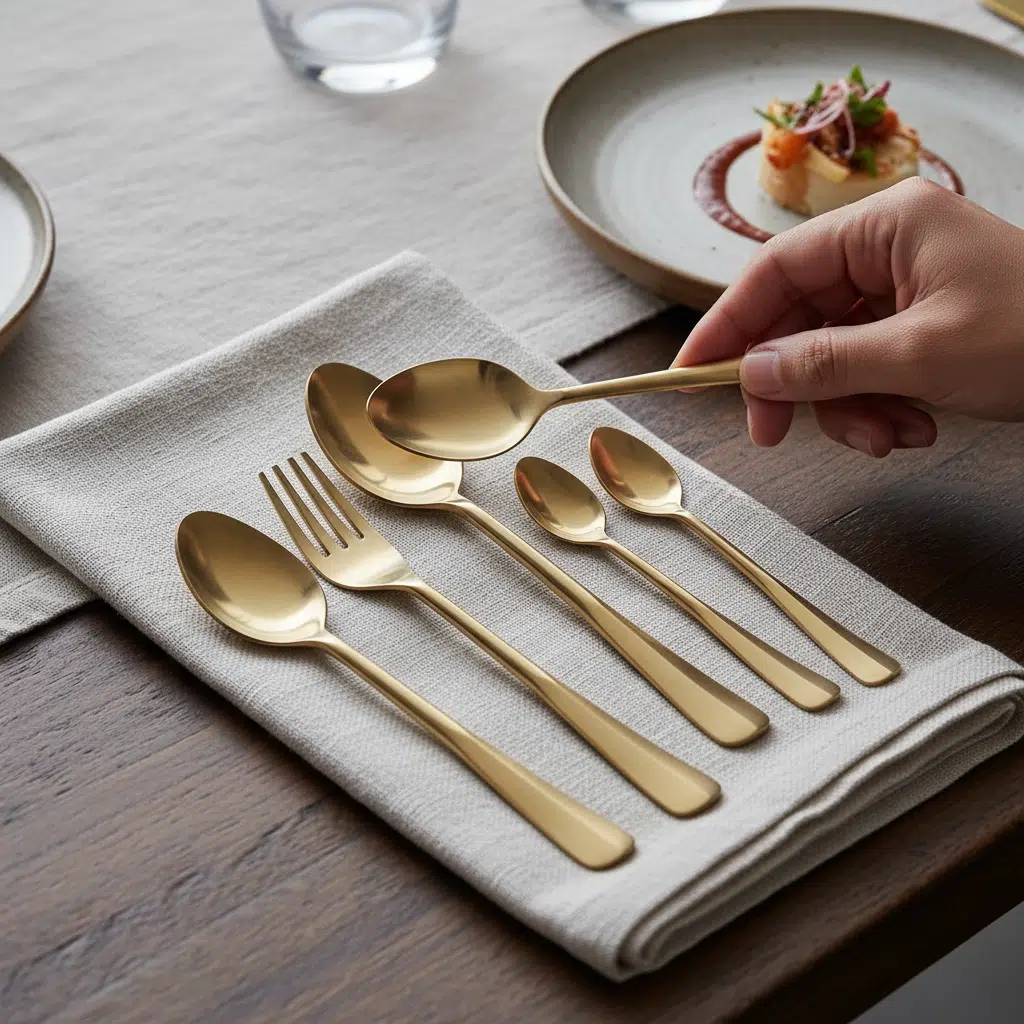 Vedas Stainless Steel Matt Gold Cutlery Set of 12 - Image 4