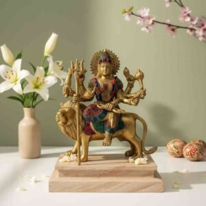 Vedas Brass Durga Statue Small with Stonework Idol & Figurine Showpiece