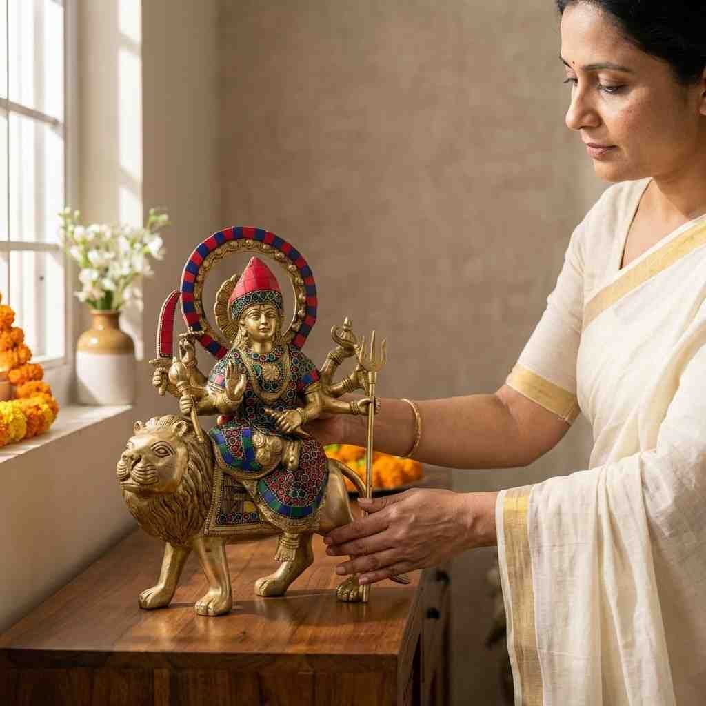 Vedas Brass Durga Statue Big with Stonework Idol & Figurine Showpiece - Image 3
