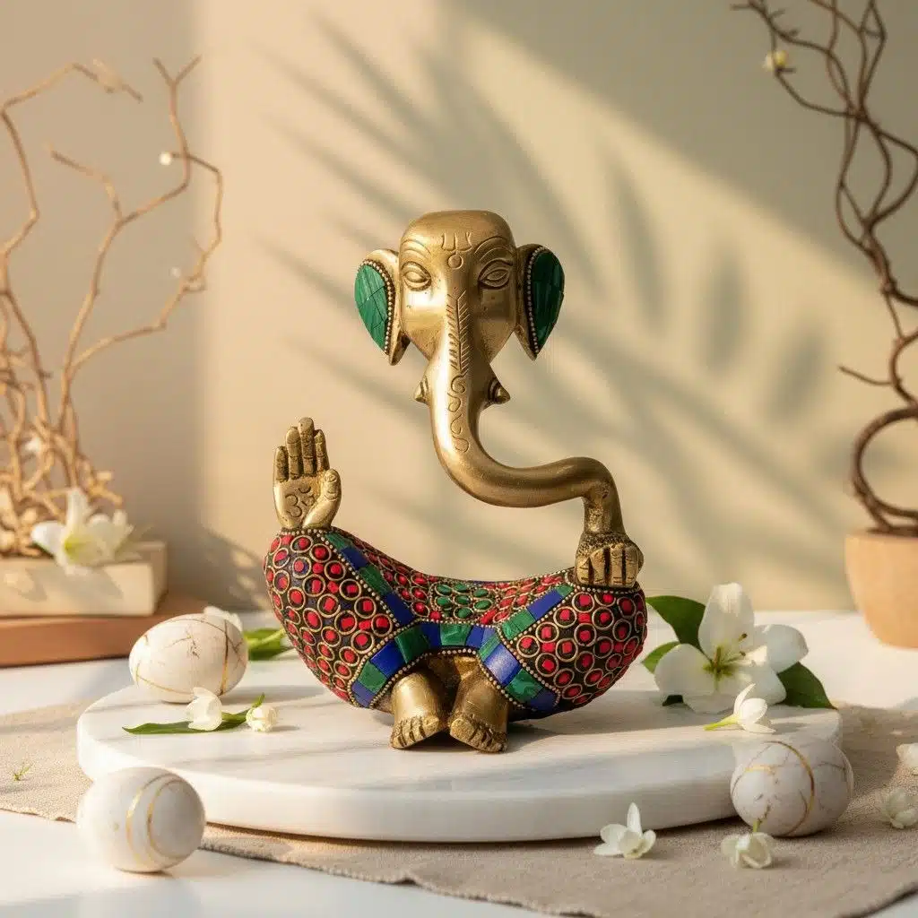 Vedas Brass Abstract Ganesha with Stonework Idol & Figurine Showpiece