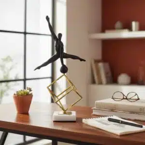 Vedas Abstract Acrobat Balancing Sculpture | Modern Metal Table Decor Showpiece with Gold Geometric Cube & Marble Base | Luxury Home Decor for Living Room, Office, Console & Center Table
