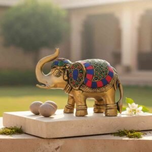 Vedas Brass Elephant with Stonework Idol & Figurine Showpiece
