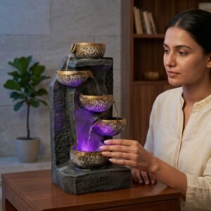 LED Tabletop Water Fountain with Cascading Bowls – Indoor Zen Waterfall with Color Lights for Home, Office & Meditation Décor