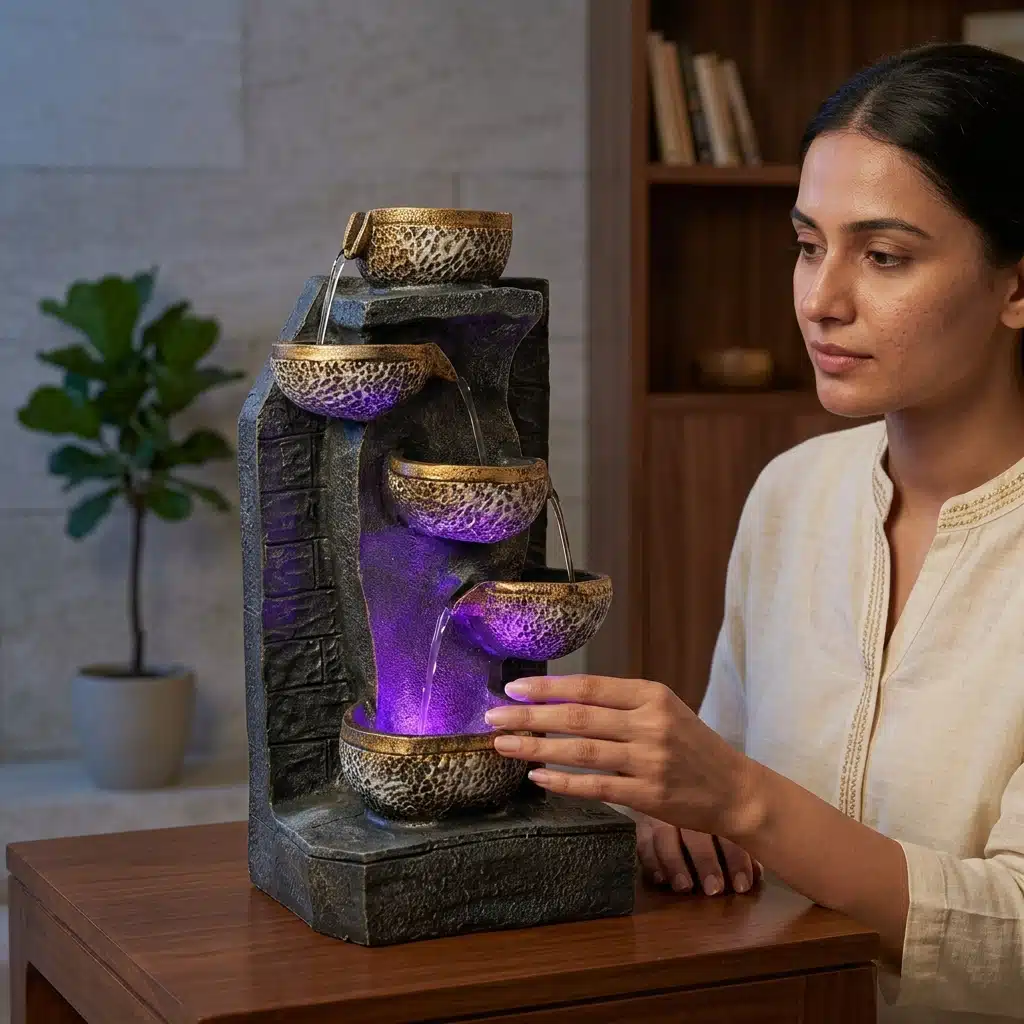 LED Indoor Zen Water Fountain with Cascading Bowls for Home Decor